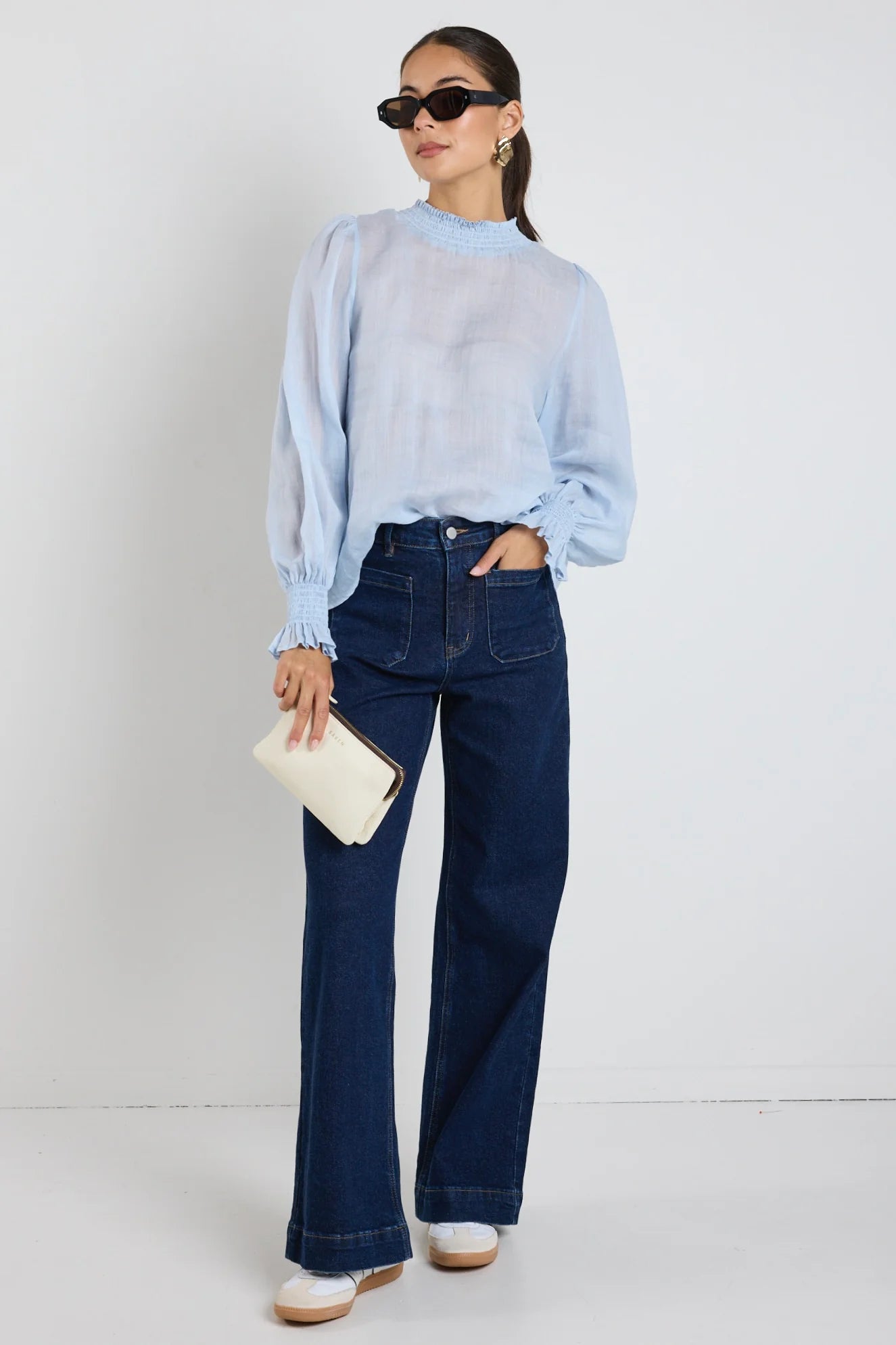 Embrace Ice Blue Ramie Shirred Neck LS Top