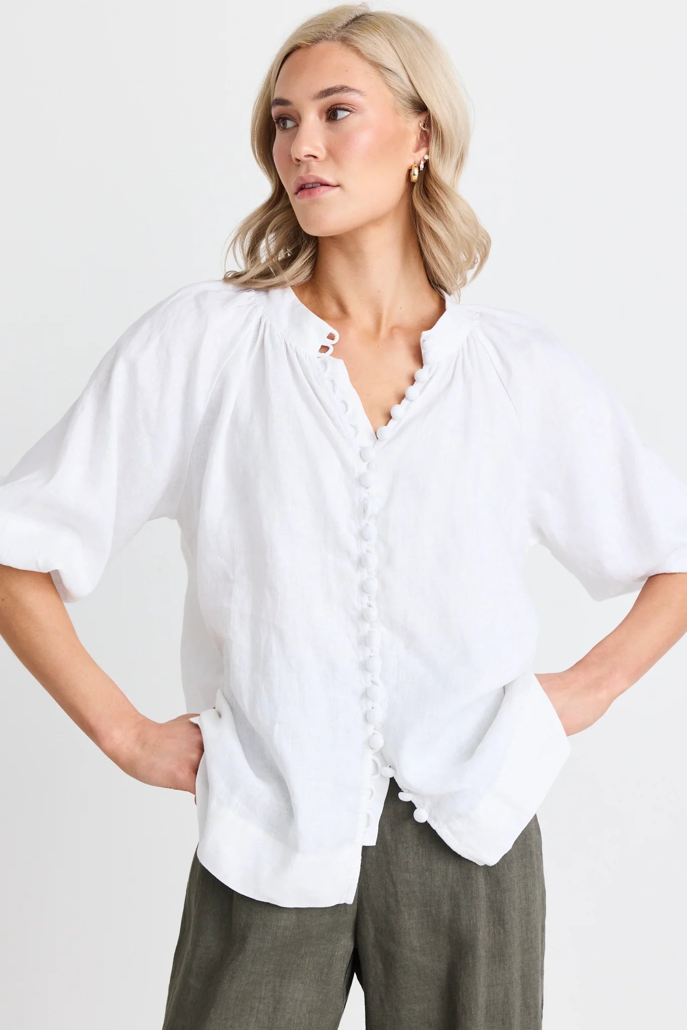Restoration White Linen Button Front Mid Sleeve Blouse