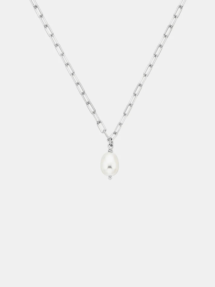 Pearl Drop Mini Link Necklace - Silver