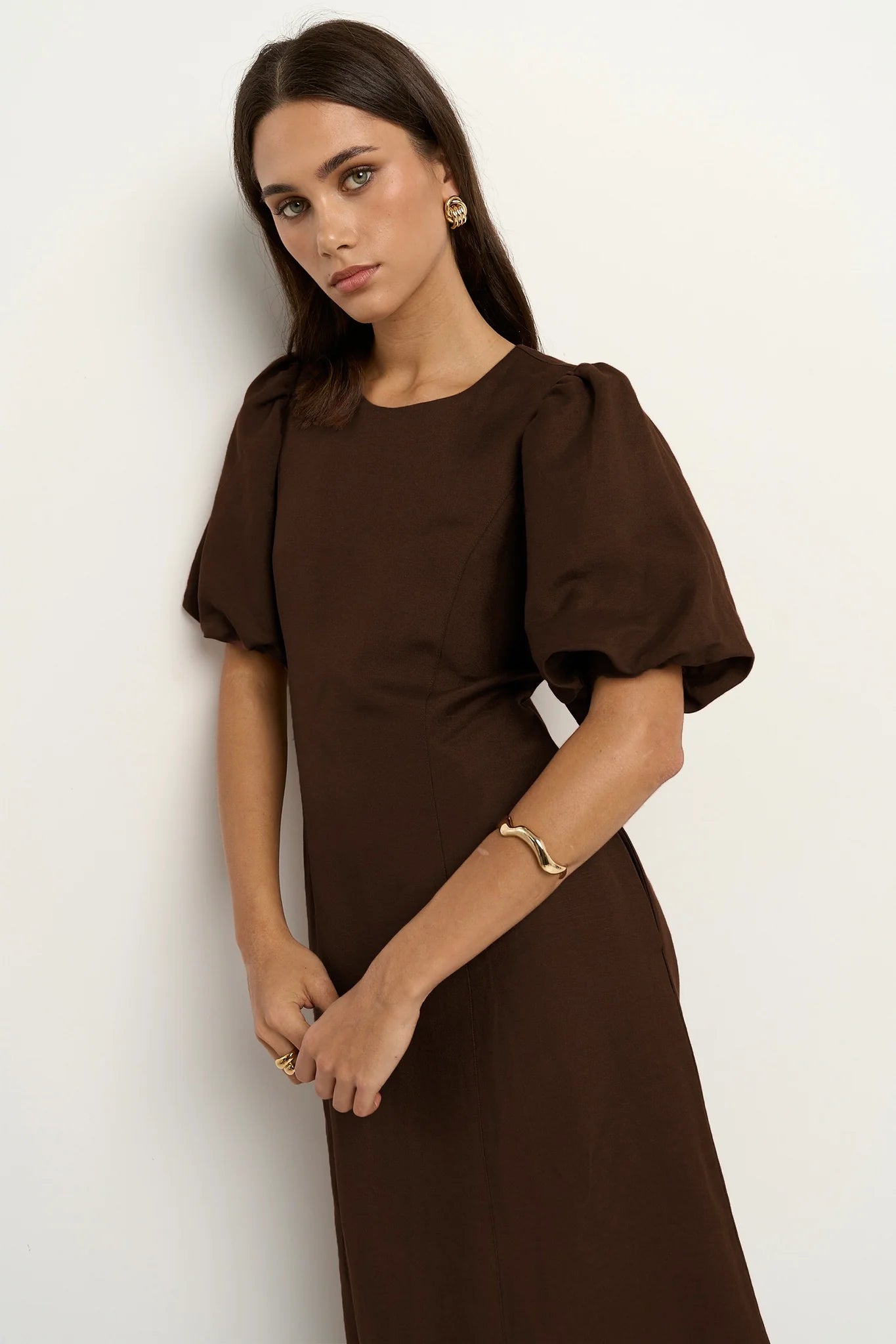 Indulgent Chocolate Puff Sleeve Relaxed Midi Dress