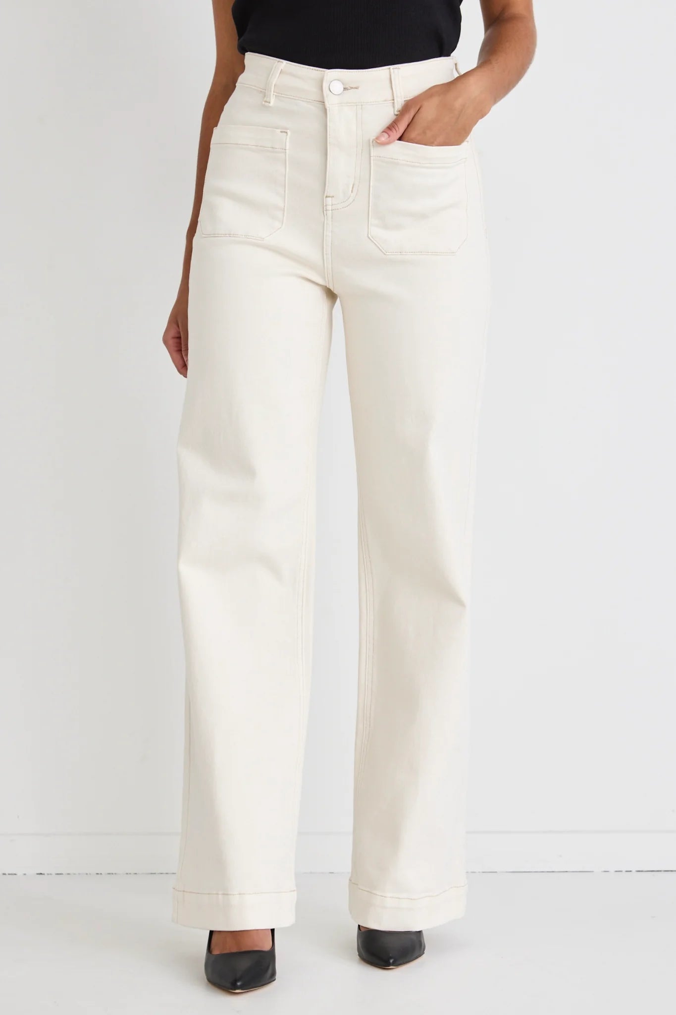 Zoey High Rise Wide Leg Pocket Jean - Ecru