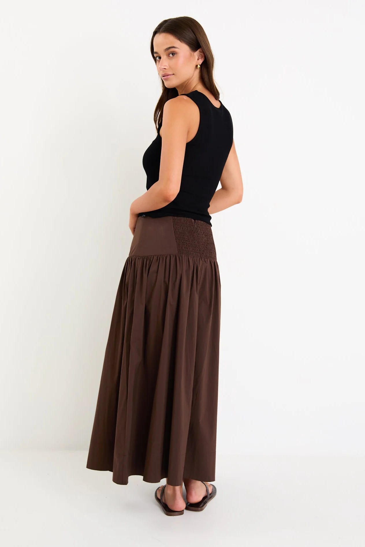 Affinity Chocolate Shirred Back Tiered Maxi Skirt