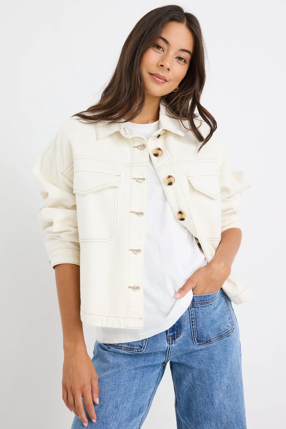 Echo Ecru Patch Pocket Denim Jacket