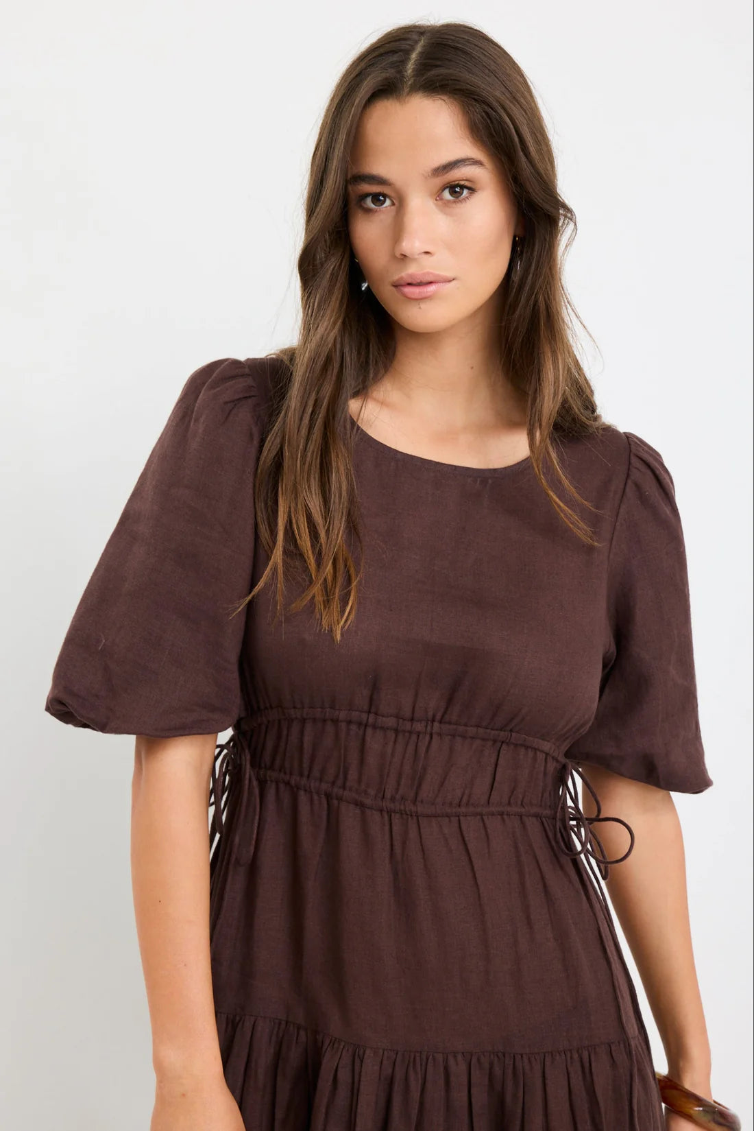 Glory Chocolate Linen Puff Sleeve Midi Dress
