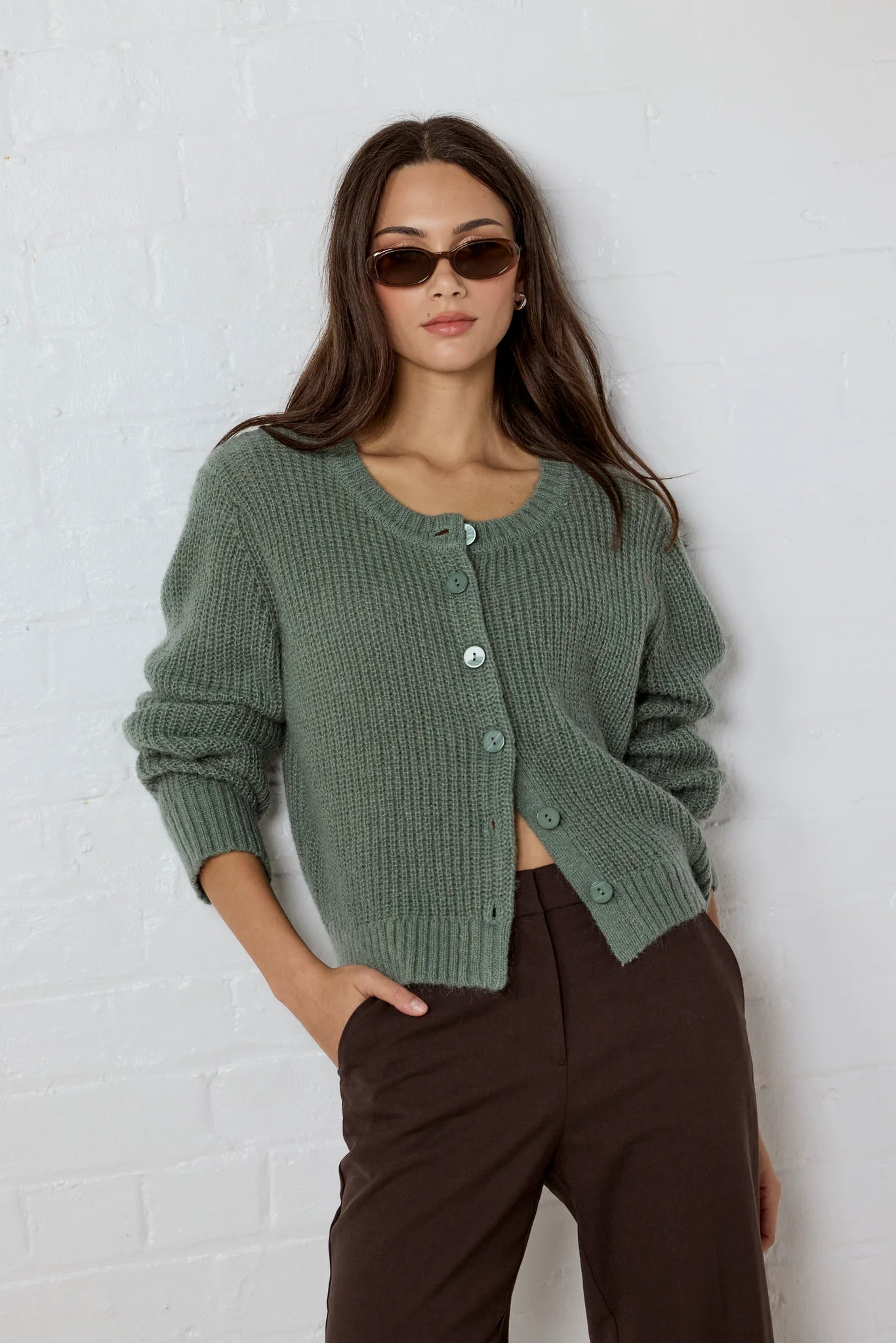 Highlight Sage Mohair Blend Crewneck Cardigan