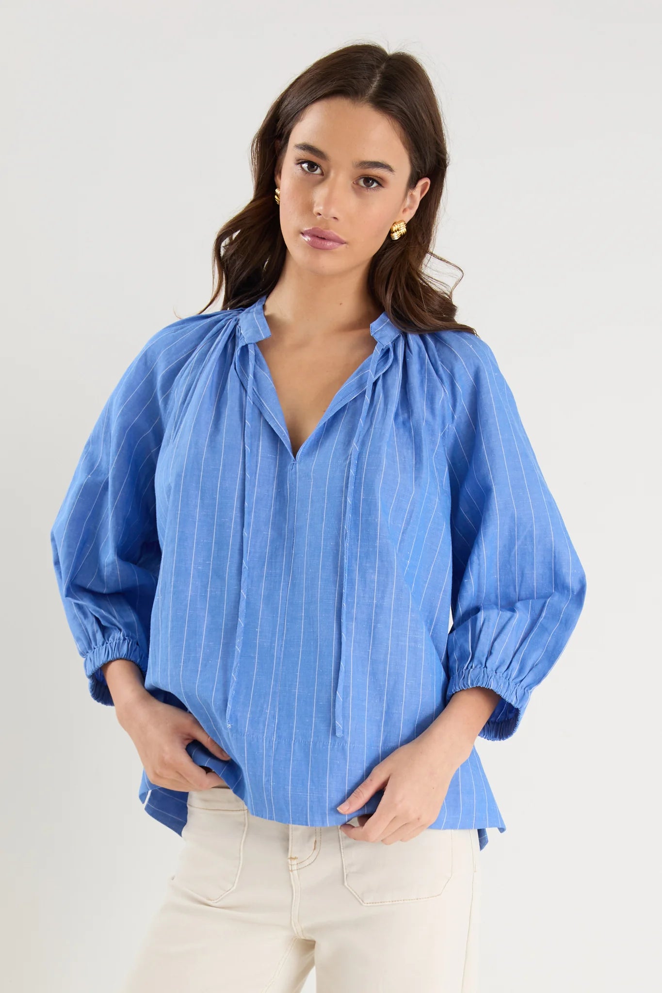 Compliment French Blue Stripe Blouson Mid Sleeve Top