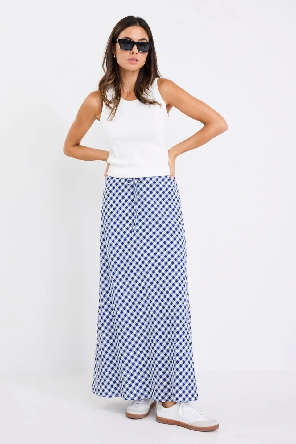 Summit Blue Gingham Cotton Tie Waist Bias Maxi Skirt
