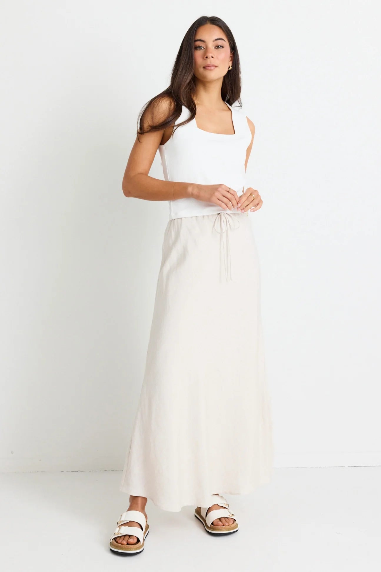 Summit Natural Linen Blend Tie Waist Bias Maxi Skirt