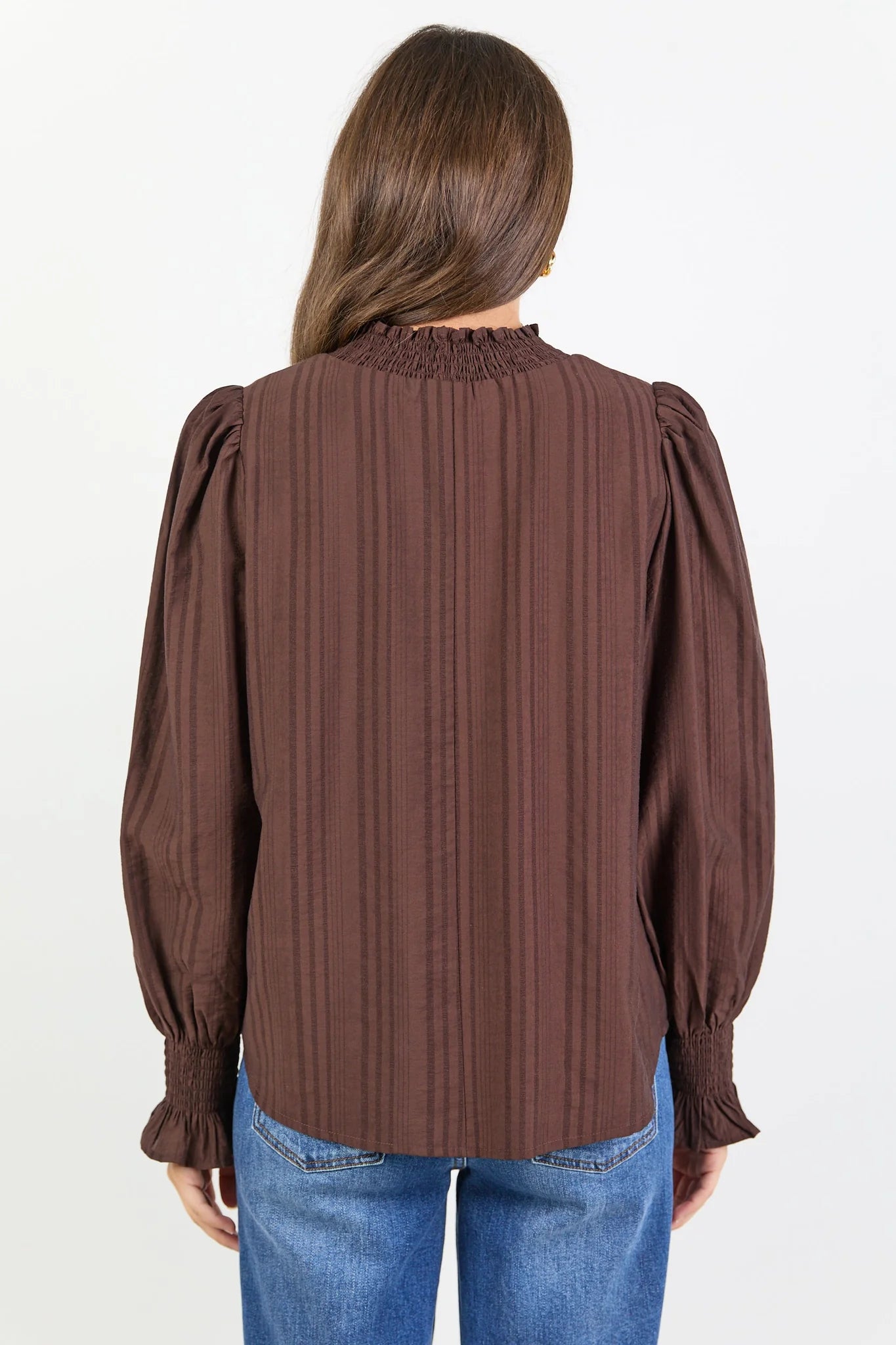 Embrace Chocolate Self Stripe Shirred Neck LS Top