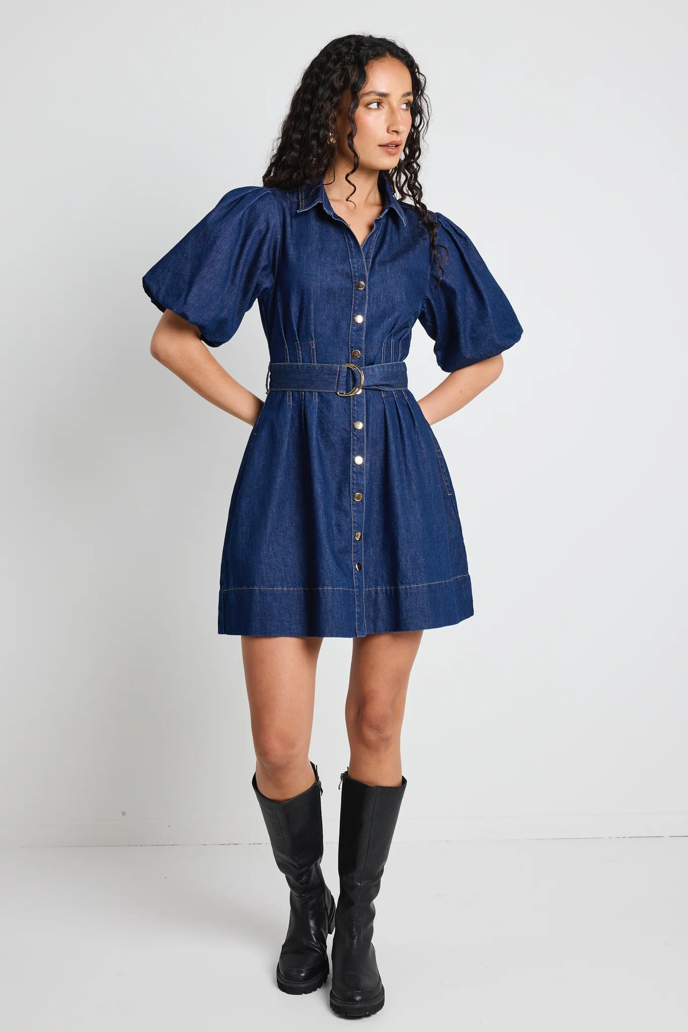 Sundown Indigo Denim Puff Sleeve Mini Shirt Dress
