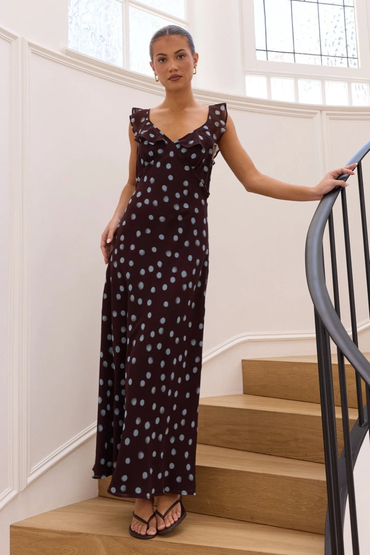 Joyous Chocolate Blue Polka Dot Georgette Bias Slip Maxi Dress
