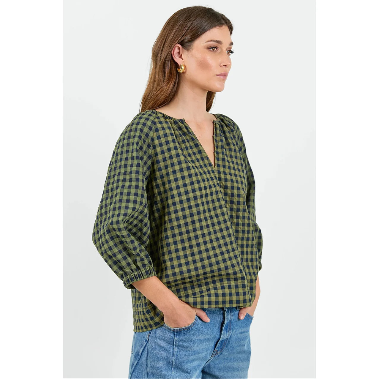 Revolutionary Khaki/ink gingham Relaxed long sleeve top