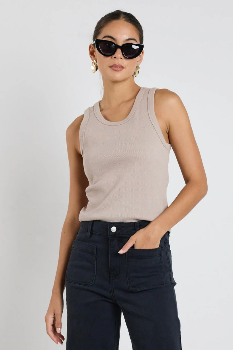 Cobble Taupe Rib Cutaway Tank- Taupe