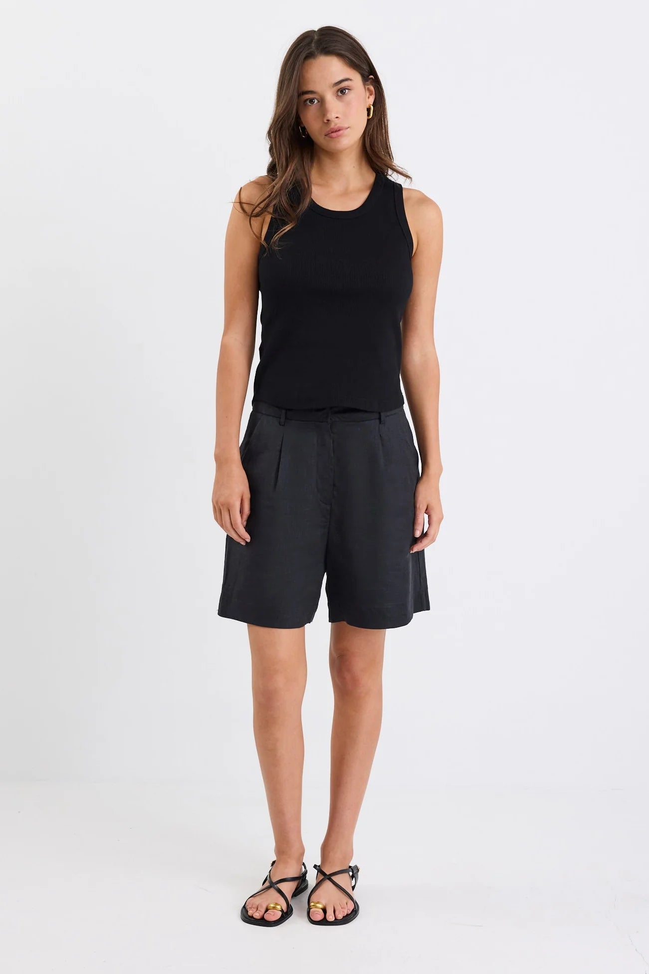 Literal Black Linen Pleat Front Shorts