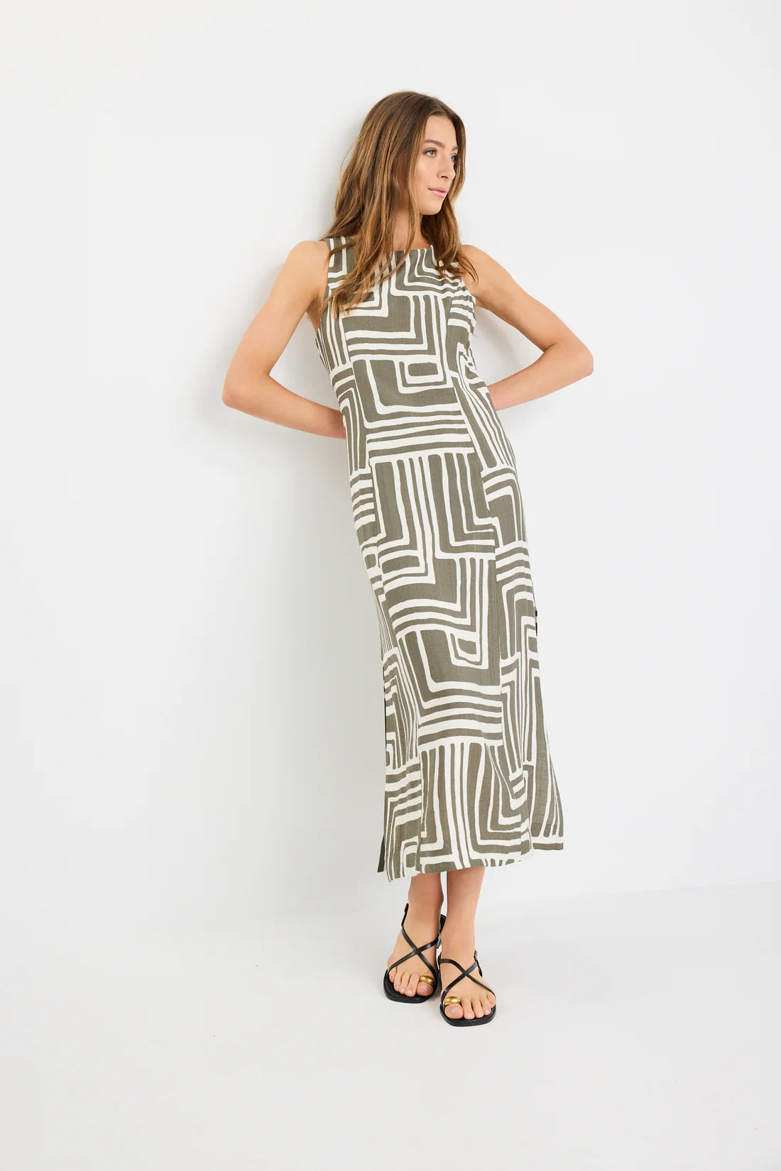 Future Khaki Maze Print Sleeveless Midi Dress