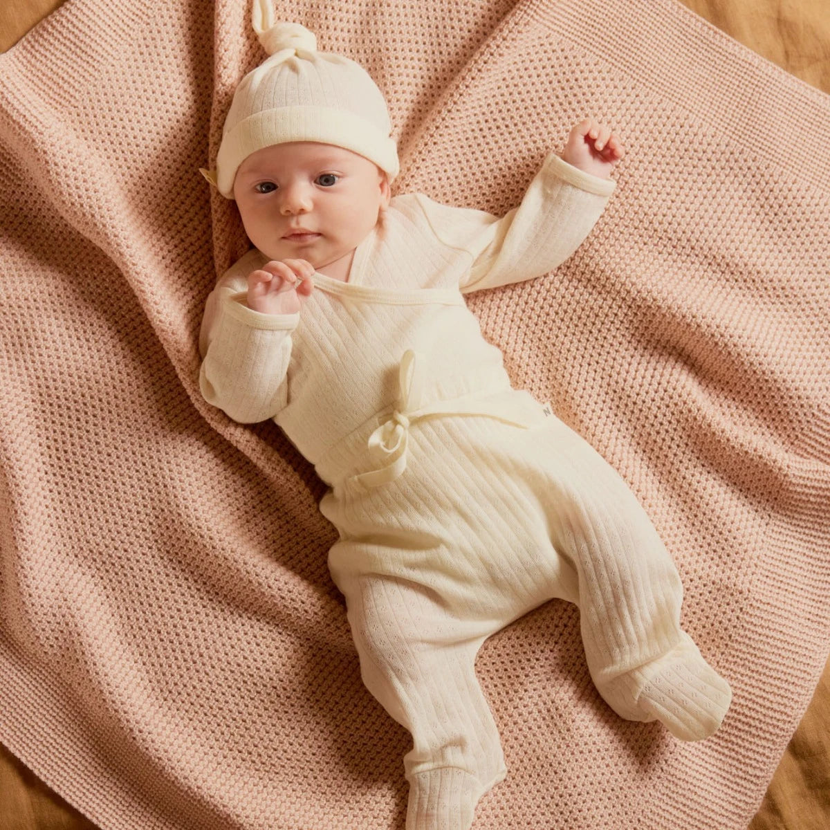 Merino pointelle long sleeve kimono bodysuit - Natural