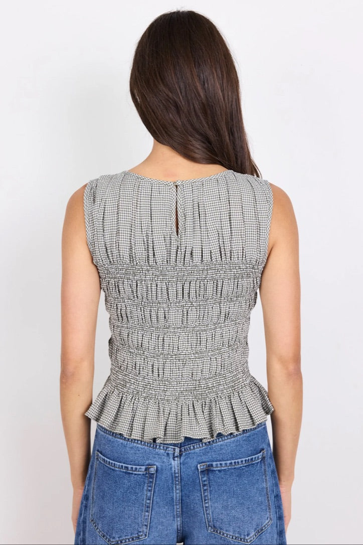 Impulsive Khaki Mini Gingham Shirred Sleeveless Top