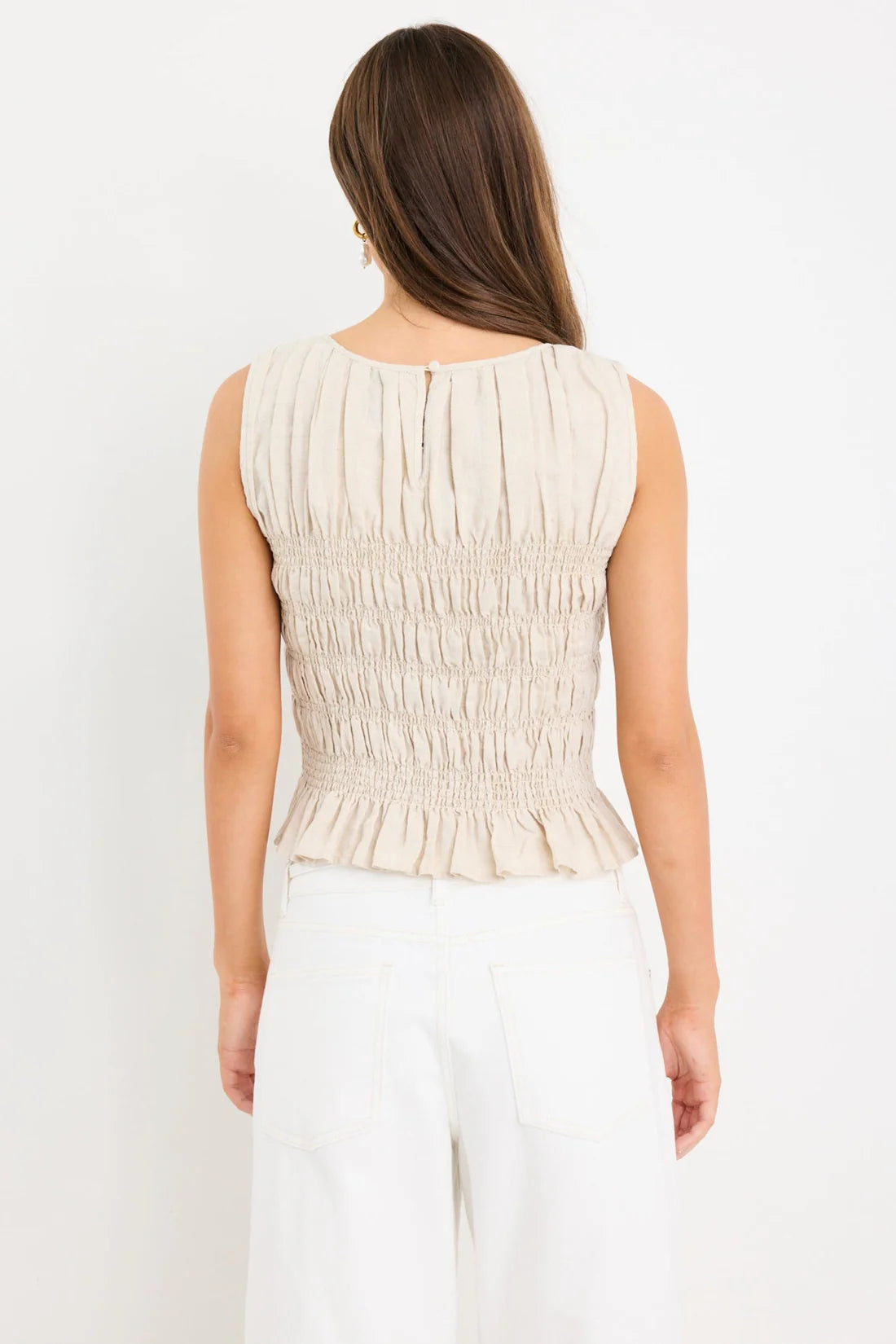 Impulsive Natural Linen Shirred Sleeveless Top