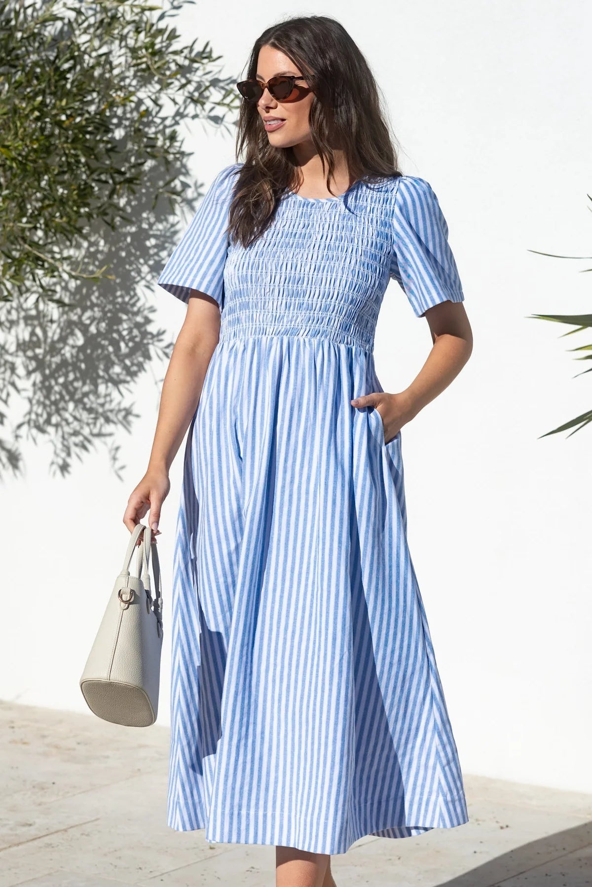 Wren blue stripe shirred bodice midi dress