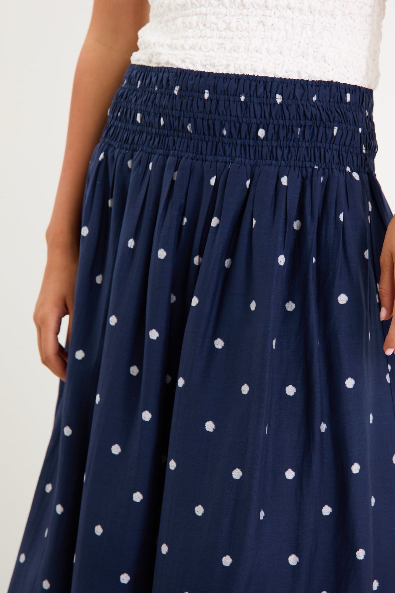 Wanderlust Navy Polka Dot Shirred Waist Maxi Skirt
