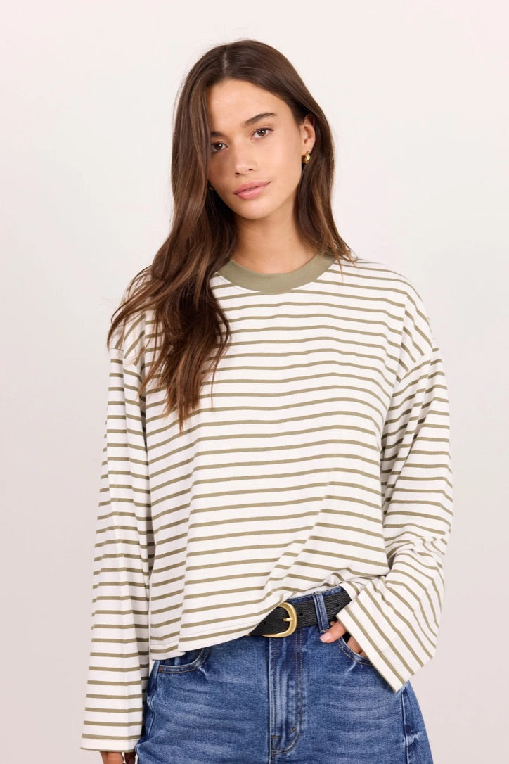 Unite Khaki White Stripe Long Sleeve Contrast Binding Boxy Tee