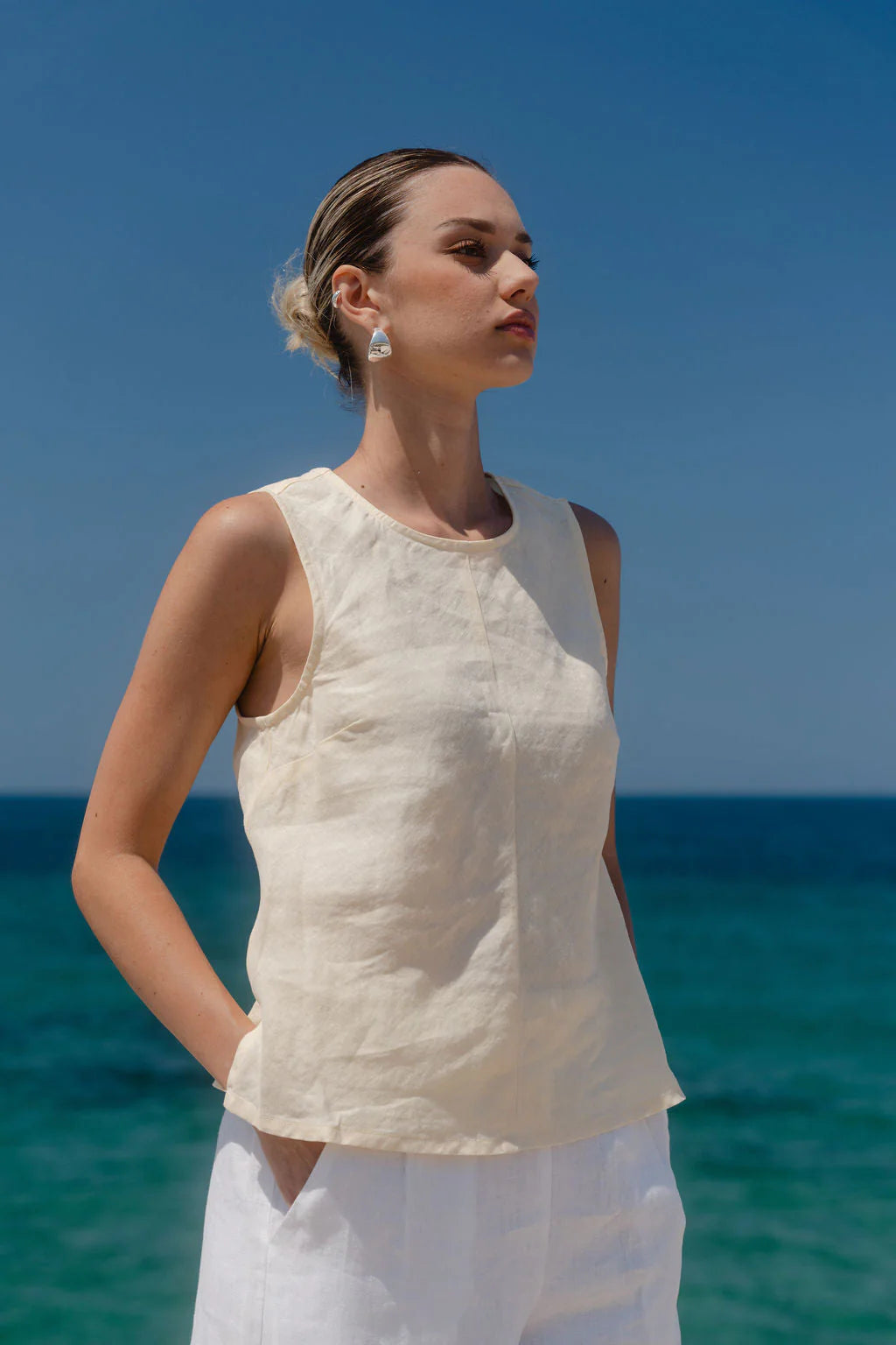 Shoreline Butter Linen Bias Sleeveless Shell Top- Butter