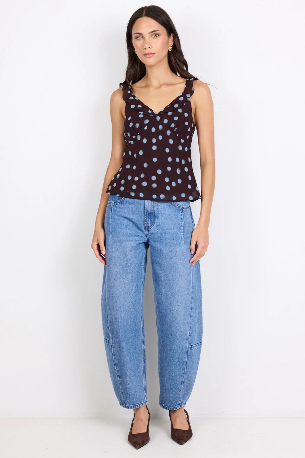 Crave Chocolate Blue Polka Dot Georgette Ruffle Neck Cami Top