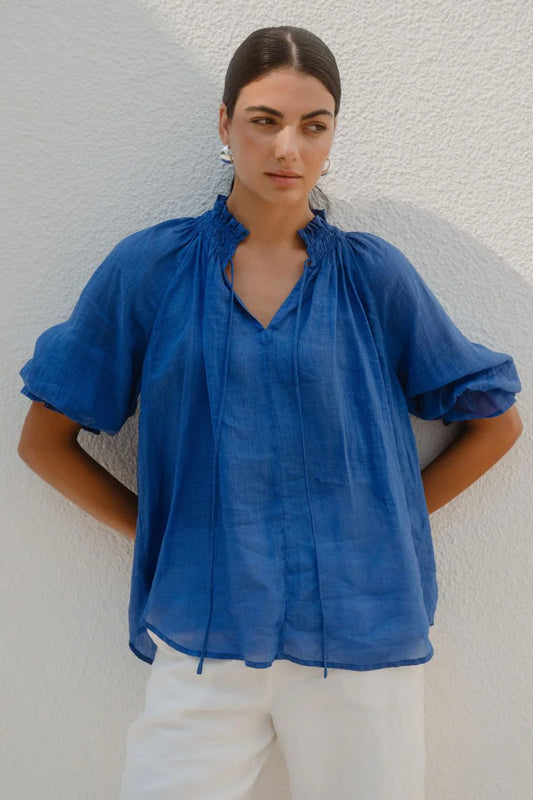 Expedition Blue Shirred Neck Short Sleeve Top