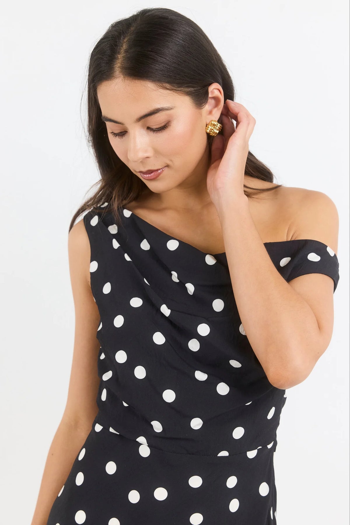 Spotlight Black Polka Dot Off Shoulder Flare Midi Dress