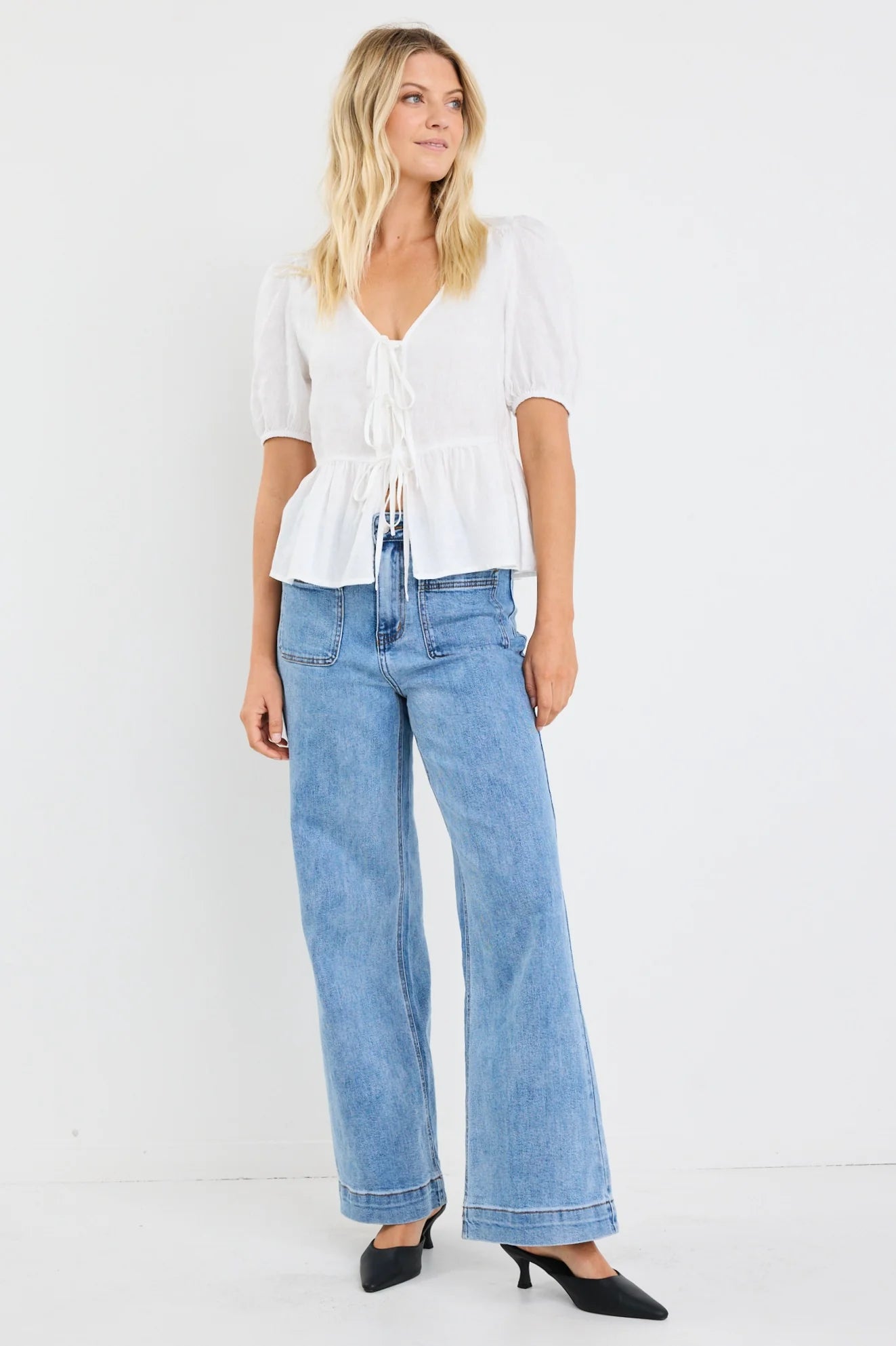 Restore Ivory Linen Tie Front Peplum SS Top