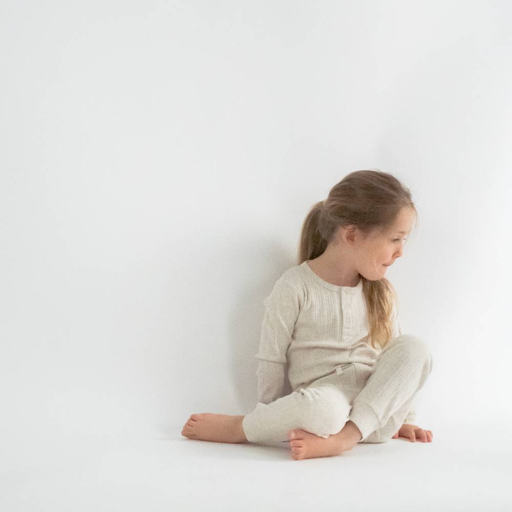 Woolbabe Merino/Organic Cotton Long Sleeve Henley Top - Natural Marl