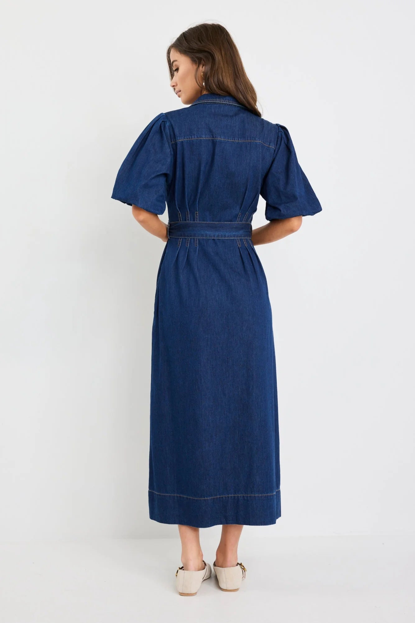 Dusk Indigo Denim Puff Sleeve Maxi Shirt Dress