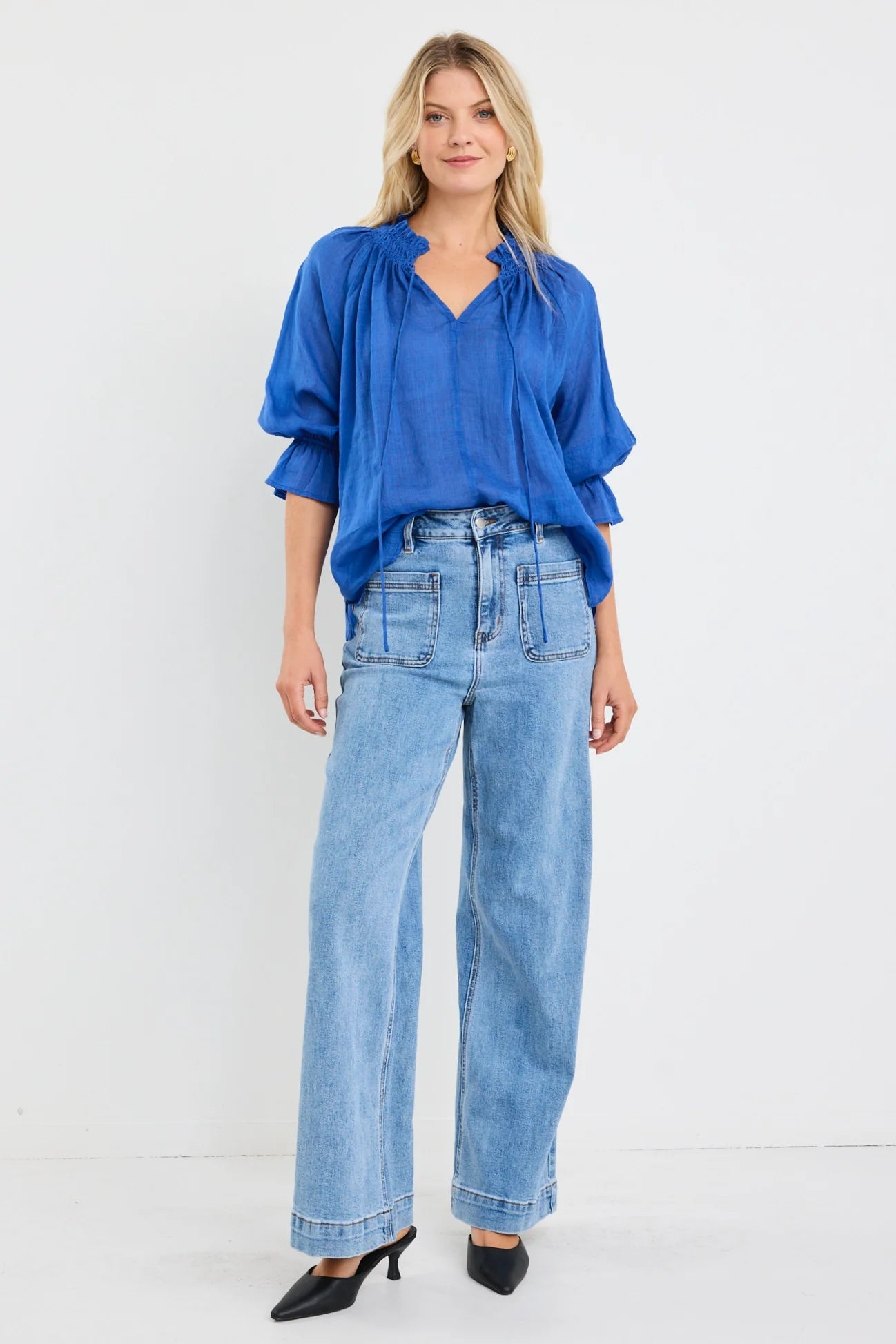 Expedition Blue Shirred Neck Short Sleeve Top