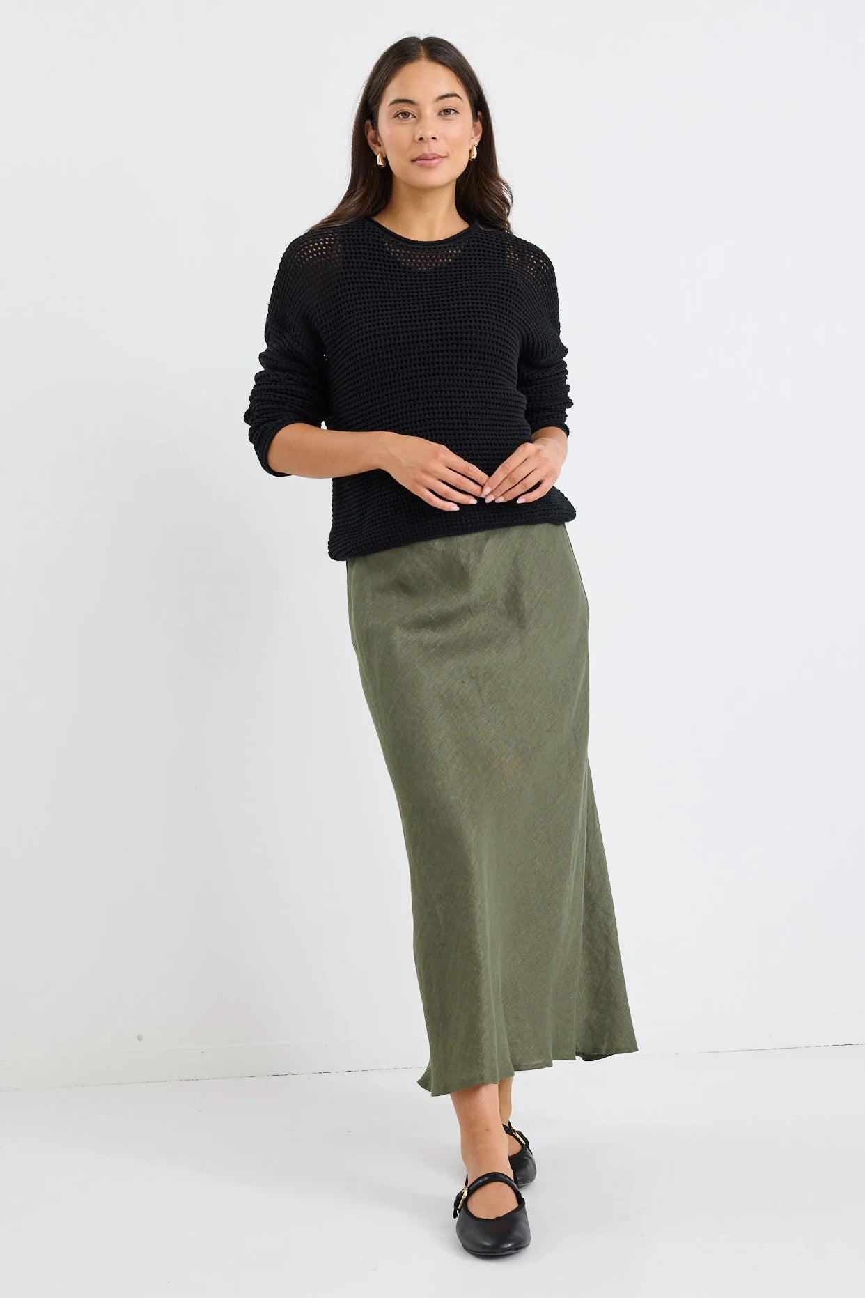Bliss Soft Khaki Linen Bias Midi Skirt
