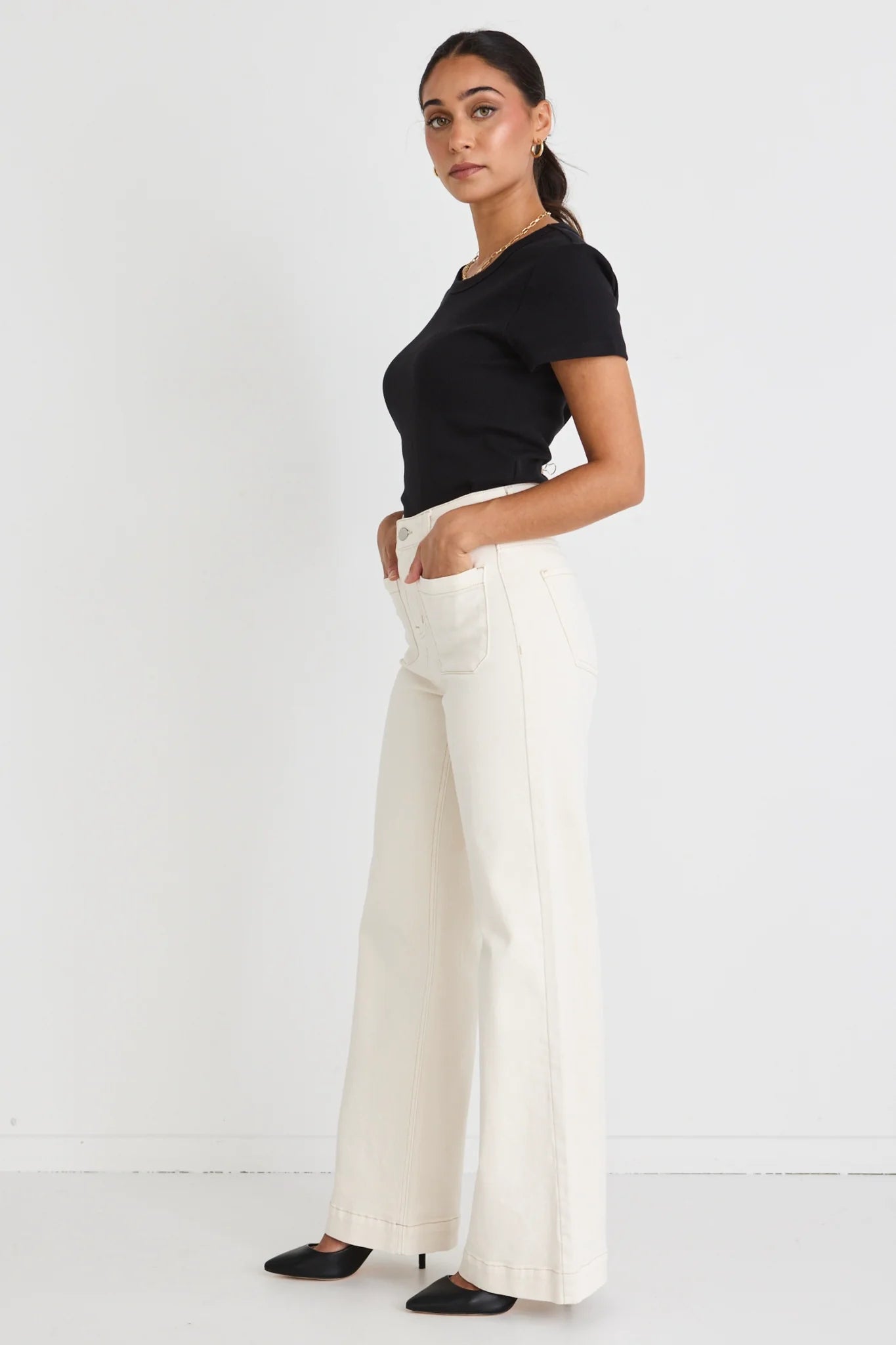 Zoey High Rise Wide Leg Pocket Jean - Ecru