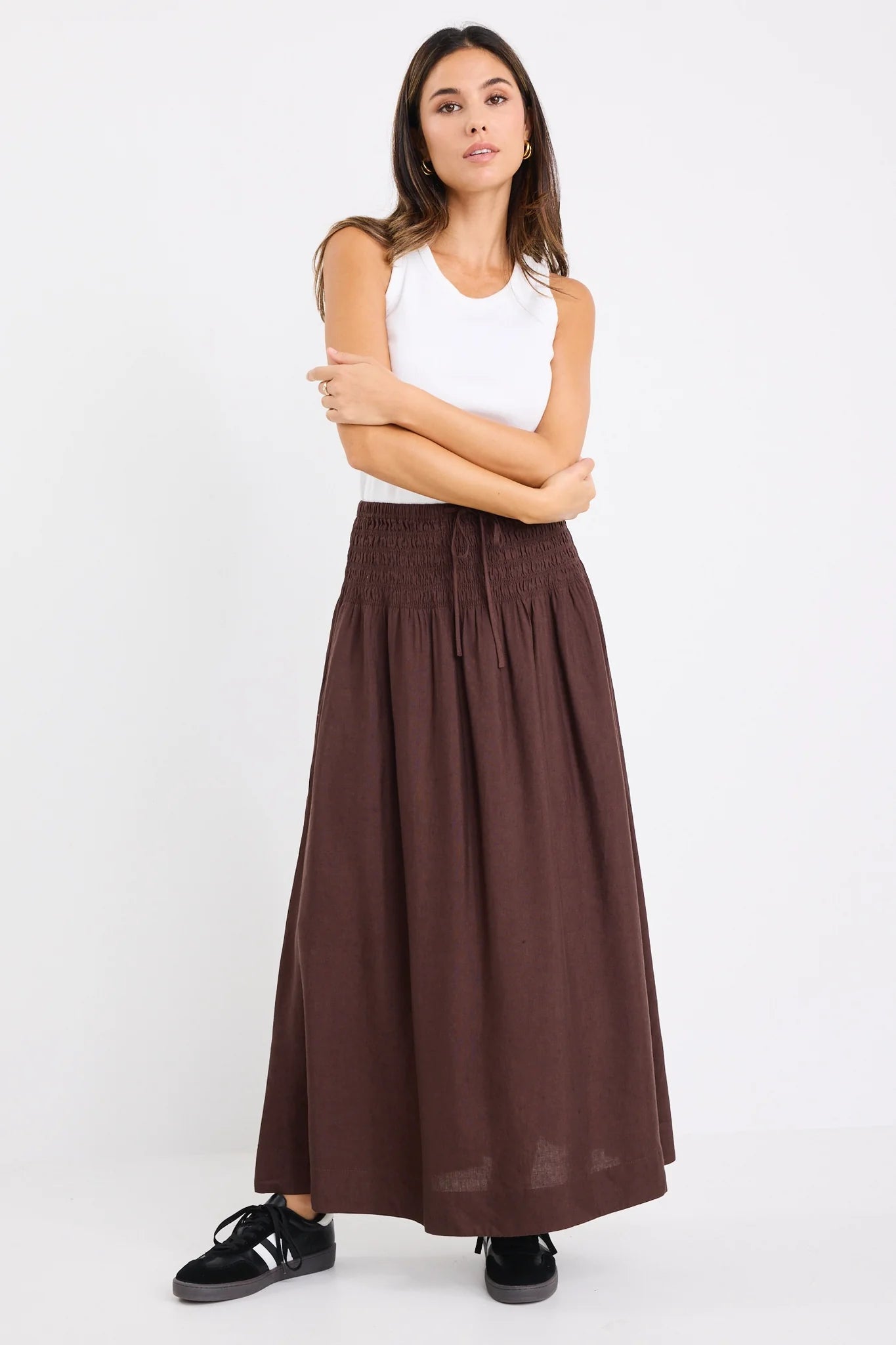 Byron Chocolate Linen Blend Shirred Waist Maxi Skirt