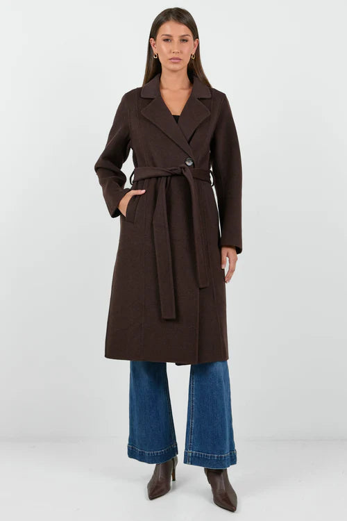 Provence Chocolate Melton Double Breasted Belted Coat