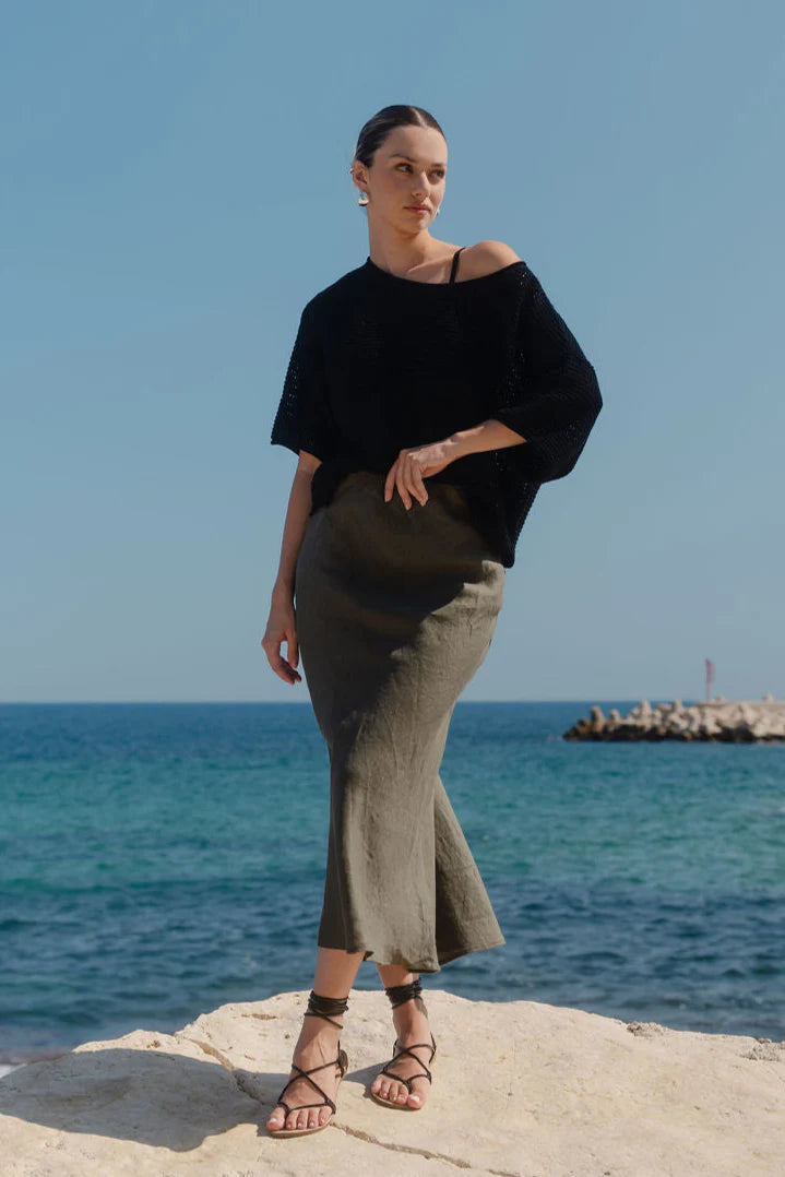 Bliss Khaki Linen Bias Midi Skirt