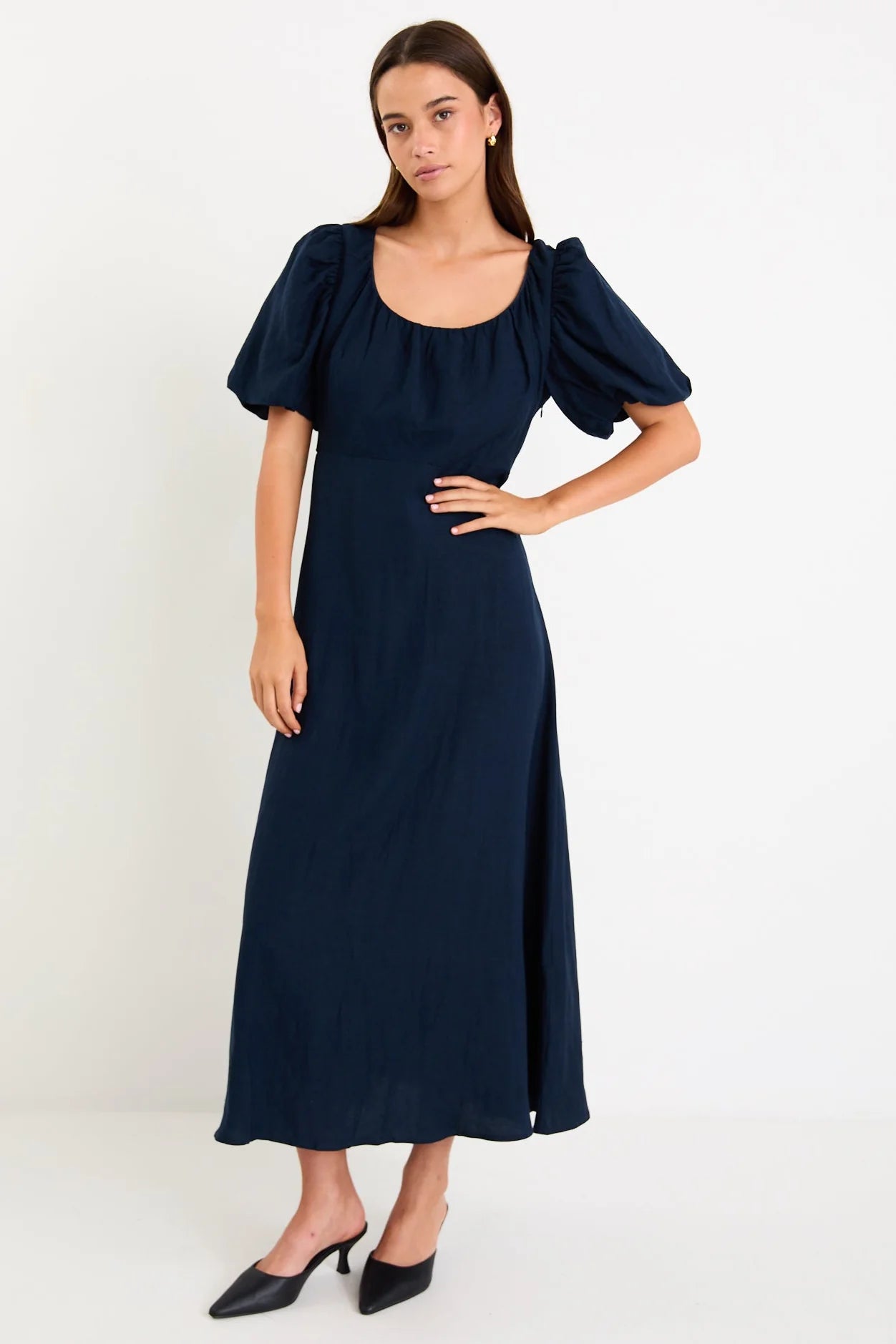 Chorus Navy Puff Sleeve Scoop Neck Floaty Maxi Dress