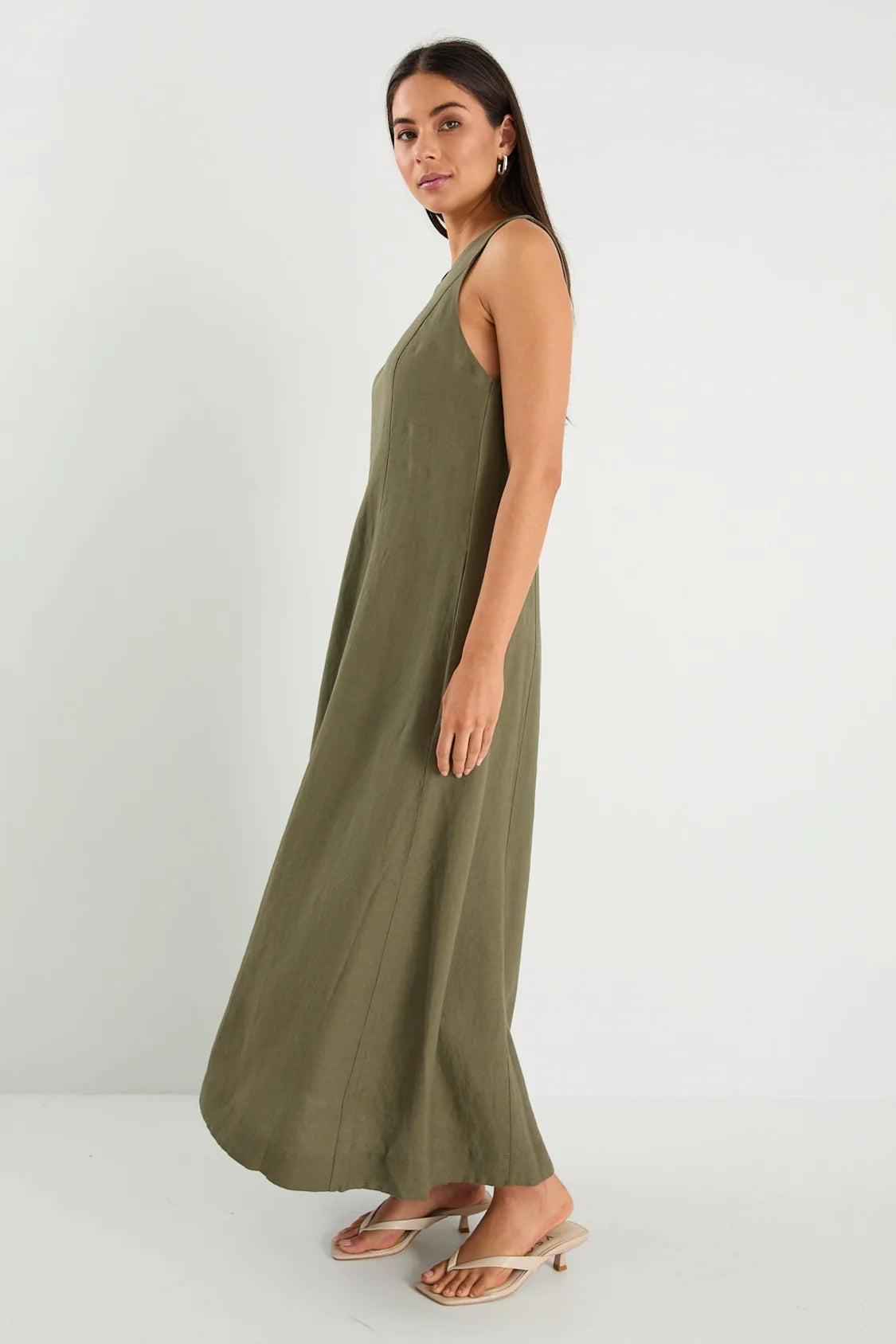 Easygoing Soft Khaki Linen Blend Sleeveless Crew Neck Midi Dress
