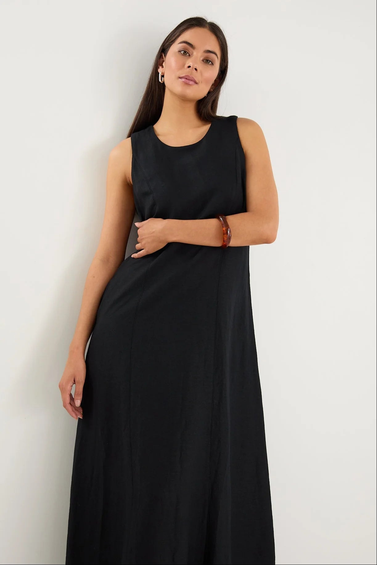Easygoing Black Linen Blend Sleeveless Crew Neck Midi Dress
