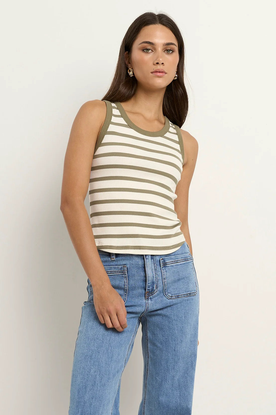 Cobble Khaki Ivory Stripe Rib Cutaway Tank