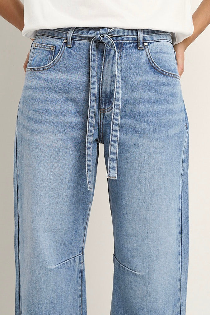 Campus Light Blue Tie Waist Barrel Jeans
