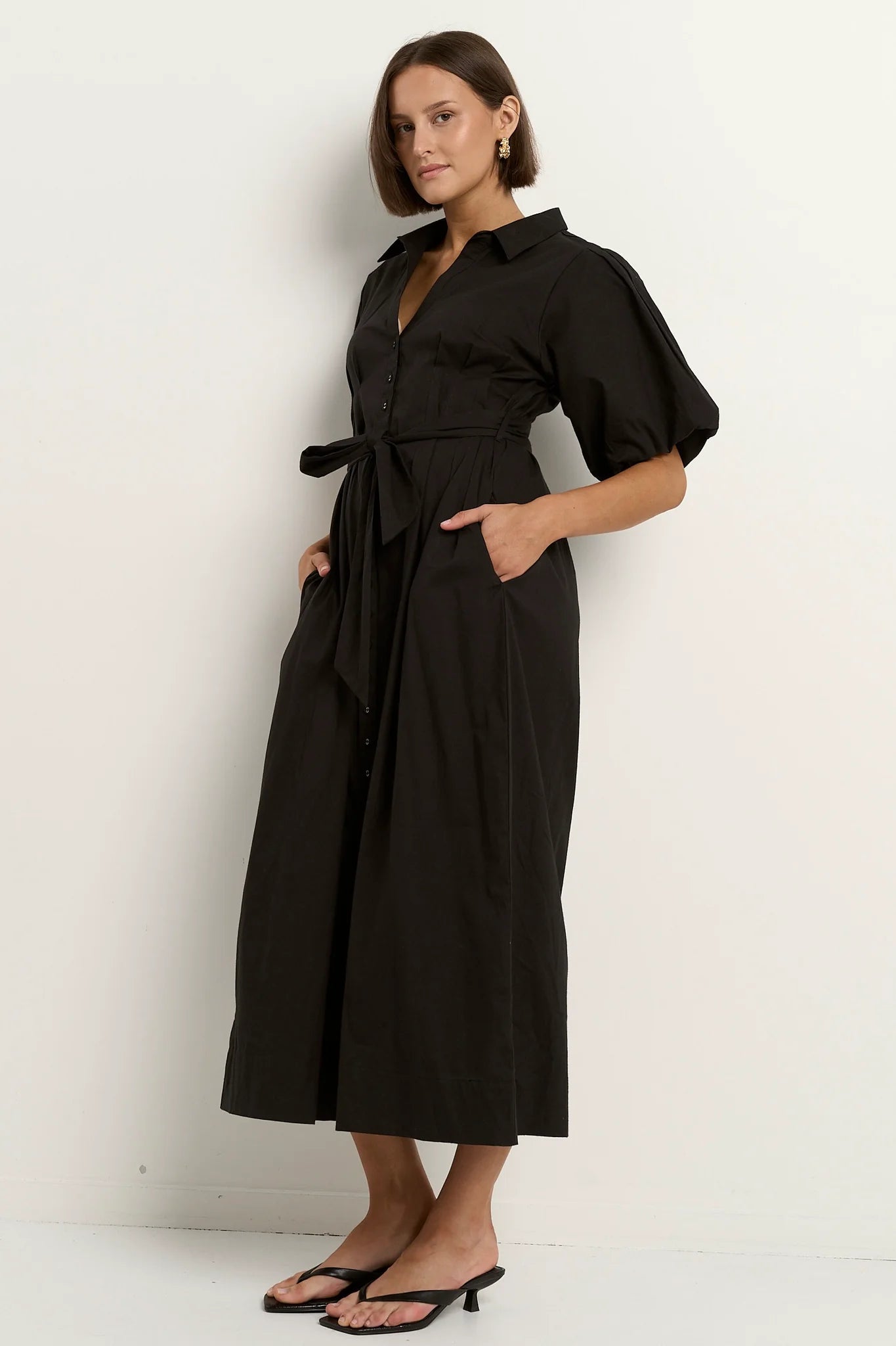 Dusk Black Puff Short Sleeve Collared Maxi Dress