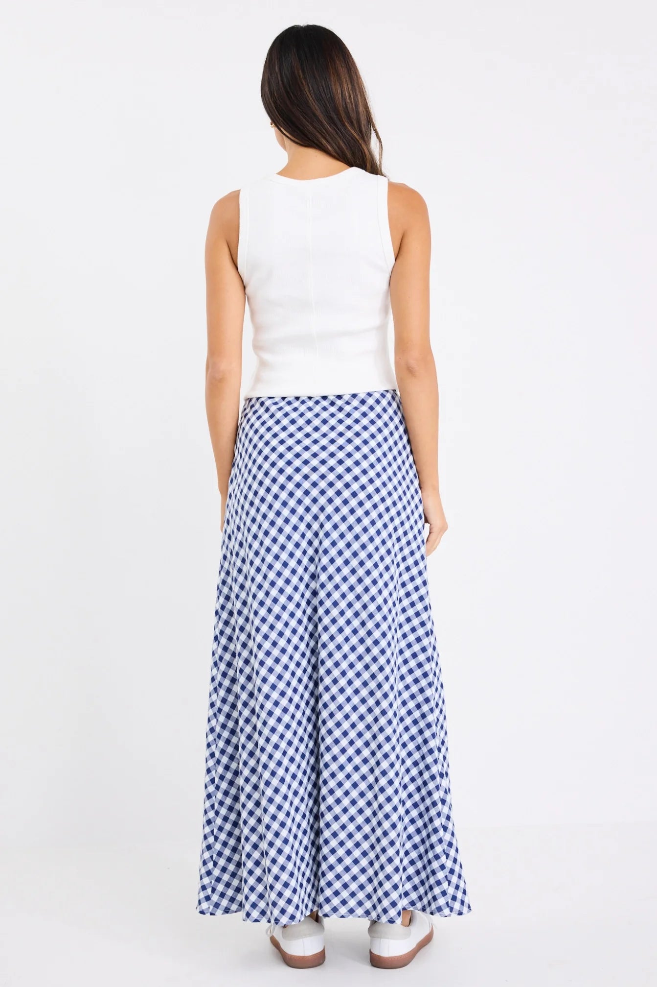Summit Blue Gingham Cotton Tie Waist Bias Maxi Skirt
