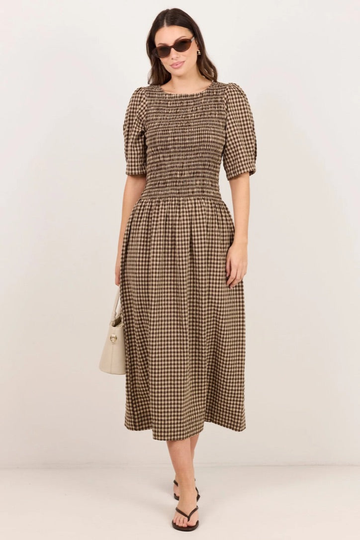 Nest Chocolate Gingham SS Shirred Bodice Midi Dress