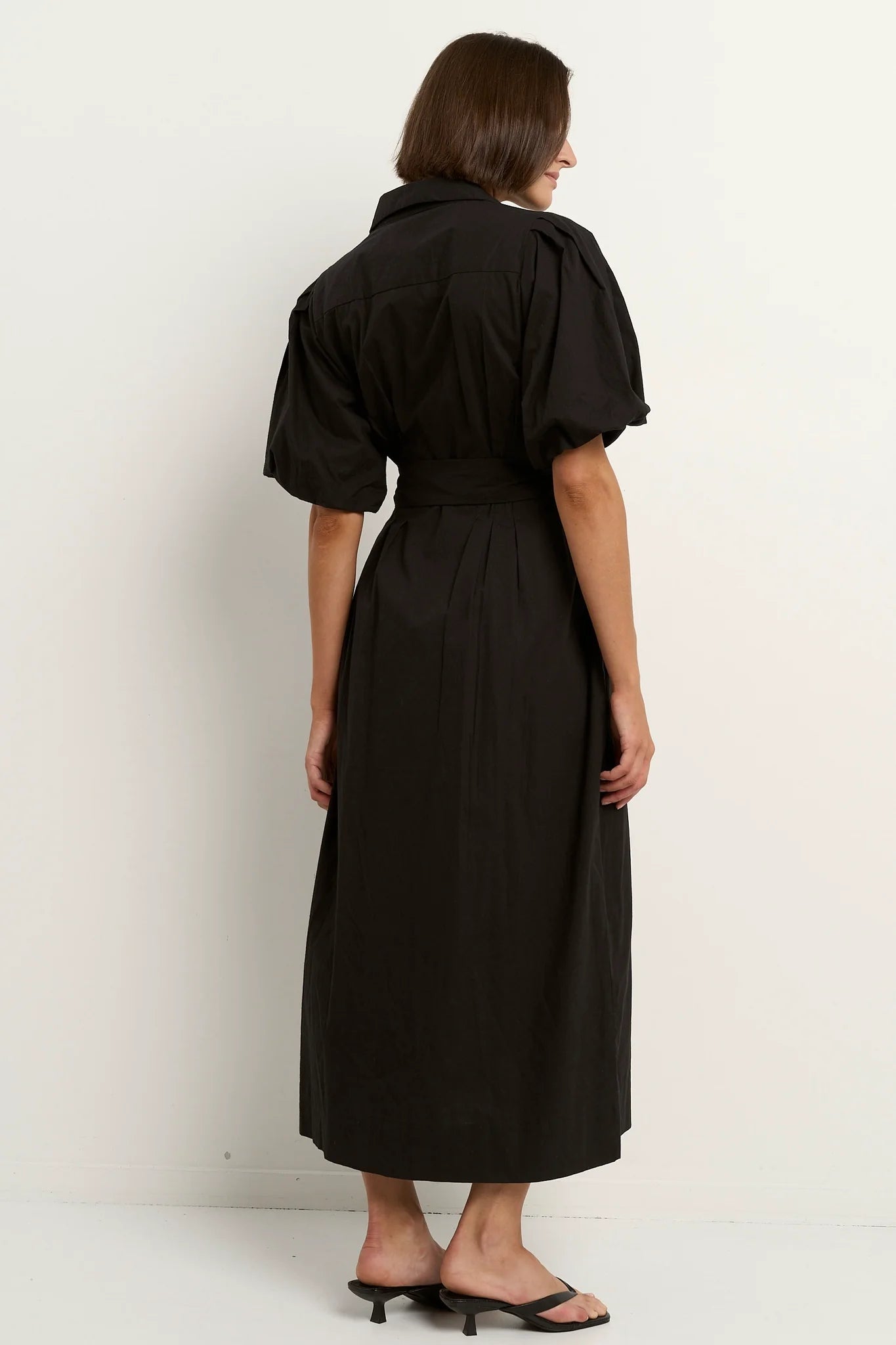 Dusk Black Puff Short Sleeve Collared Maxi Dress