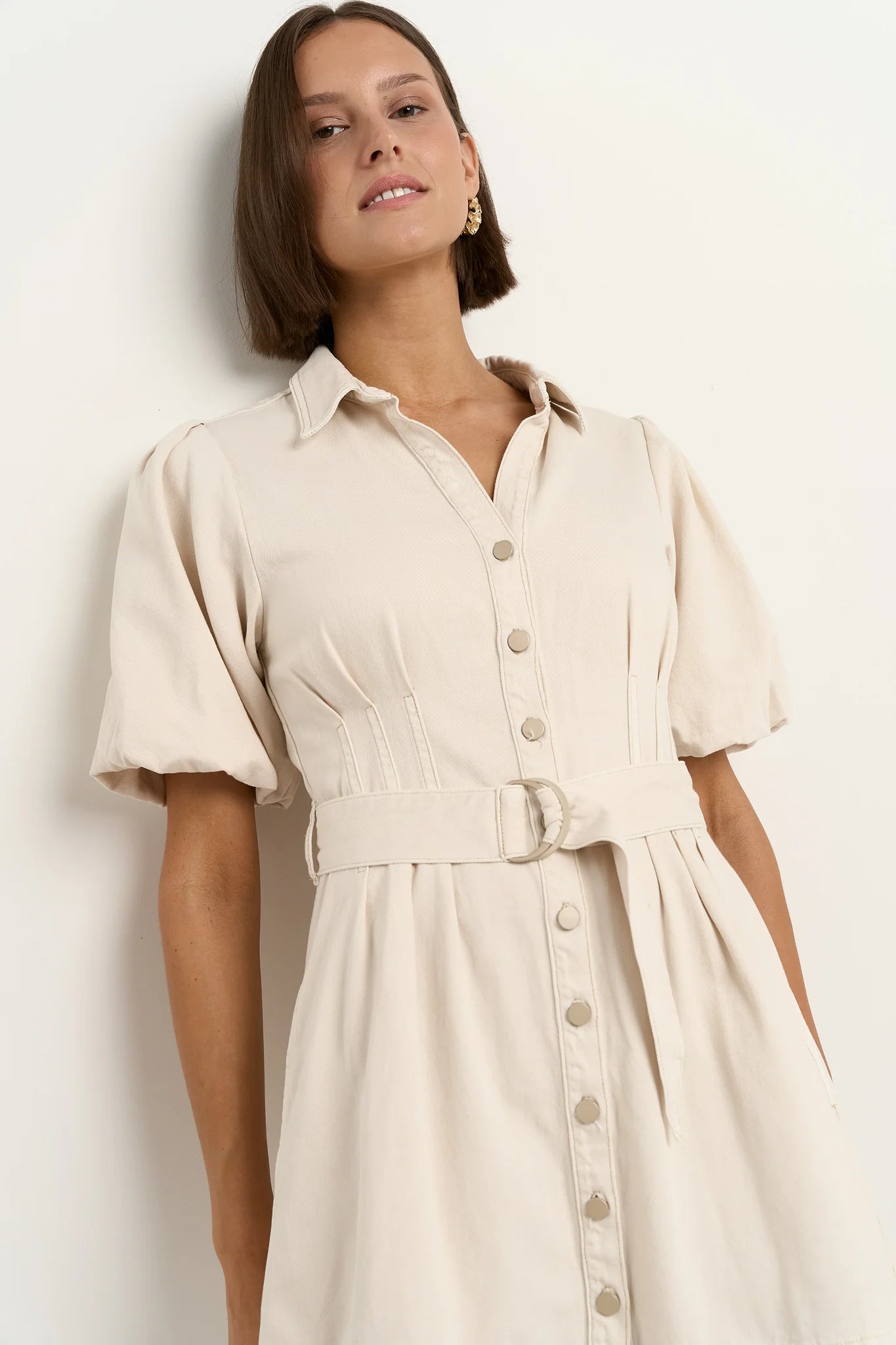 Sundown Ecru Denim Puff Sleeve Mini Shirt Dress