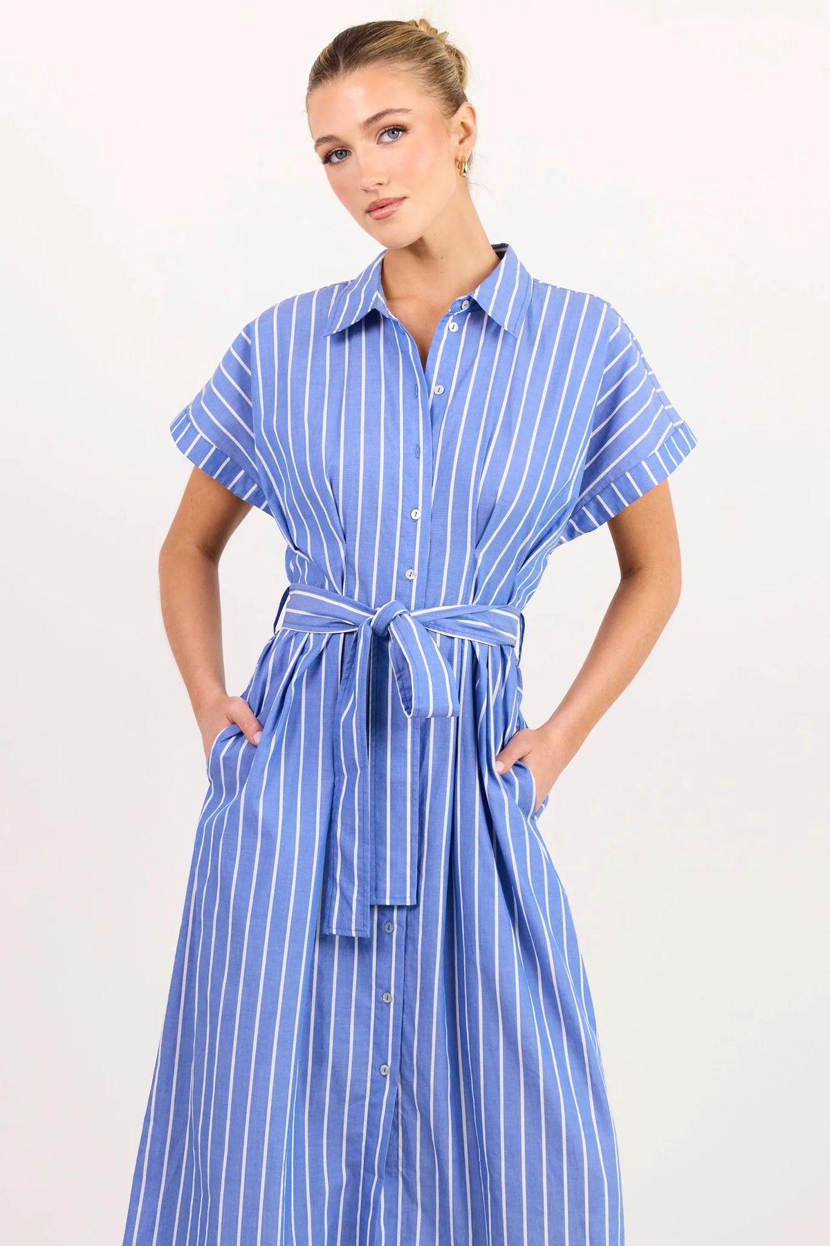 Camden Blue Wide Stripe Fit Flare Maxi Shirt Dress
