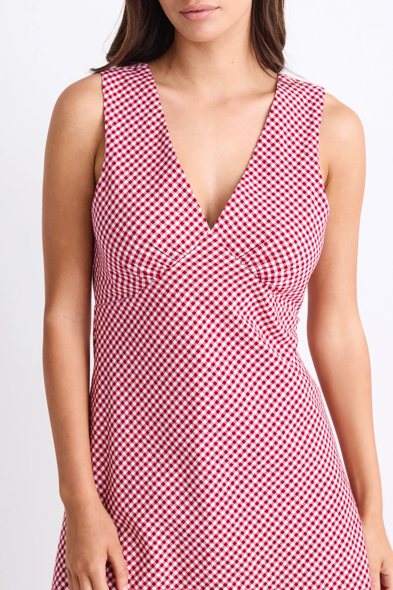 Turin Red Ditsy Gingham Cotton Sleeveless Bias Mini Dress
